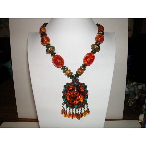 Vintage Amber Beaded Necklace With Ornate Pendant & Dangle Drops - Picture 1 of 7